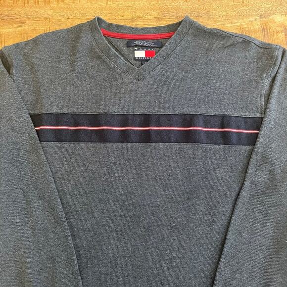 Vintage Tommy Hilfiger Y2K Sweater Mens L High V Neck Grunge Stripe Logo 90s - Picture 4 of 10
